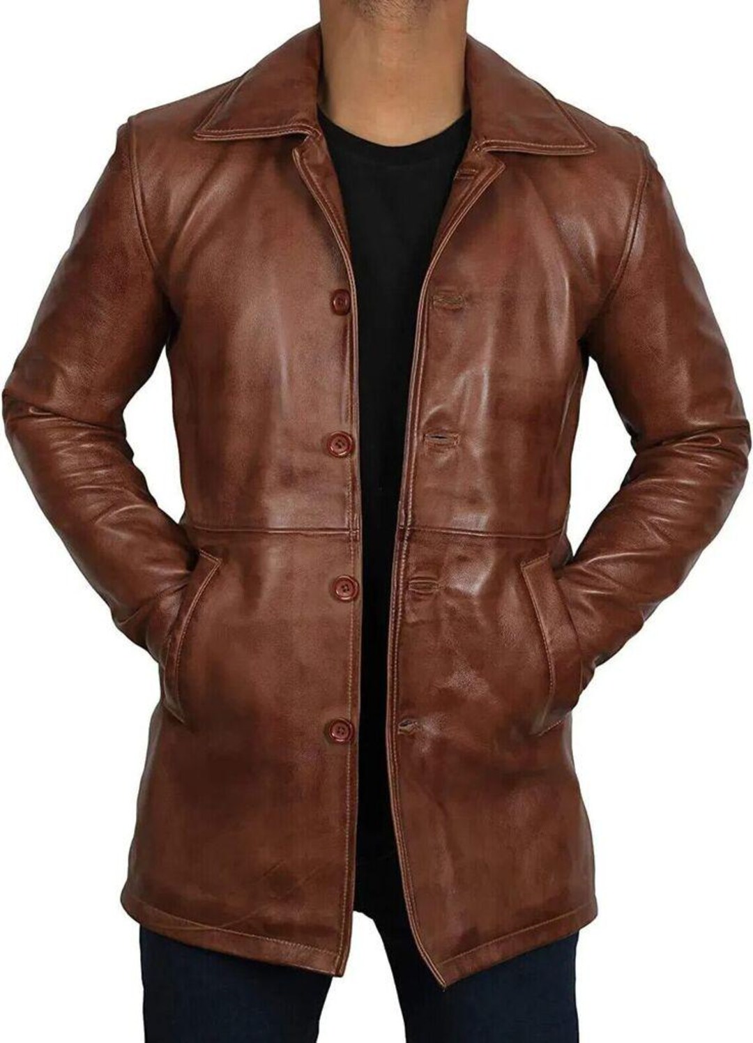 Men's Distressed Brown Leather Car Coat - Vintage Inspired Button