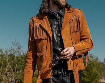Handgemaakte suède jas met franjes voor heren | Western leren jas | Handgemaakte jas van rundleer | Boho cowboyjas | Festivaljas met franjes