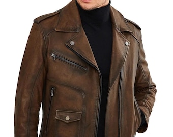 Handcrafted Distressed Brown Leather Moto Jacket – Men's Vintage Biker