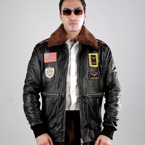 Chaqueta de aviador de cuero para hombre | Chaqueta bomber de piloto con cuello de borrego | Abrigo de aviador vintage desgastado | Parche de la bandera de EE. UU. | Regalo estilo G1 para él