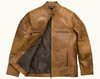 Men's Distressed Tan Leather Jacket | Vintage Cafe Racer Jacket | Genuine Leather Motorcycle Jacket | Retro Biker Coat | Handmade Gift