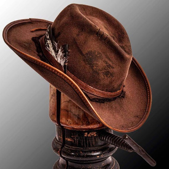 Cowboy Hat  Vintage Western Leather Fedora with Feather Accent, Handmade Rustic Outback Hat for Men and Women Men Brown Felt Cowboy Hat