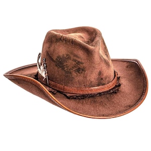 Cowboy Hat Vintage Western Leather Fedora with Feather Accent, Handmade Rustic Outback Hat for Men and Women Men Brown Felt Cowboy Hat image 4