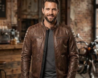 Chaqueta de motociclista de cuero marrón desgastado para hombre / Chaqueta de moto estilo cafe racer de corte ajustado / Abrigo de moto de cuero auténtico vintage, regalo para él.