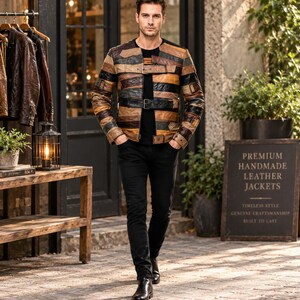 Chaqueta motera de cuero patchwork para hombre / Abrigo motero desgastado multicolor / Correas con hebilla y cinturón, estilo streetwear vintage, regalo para él