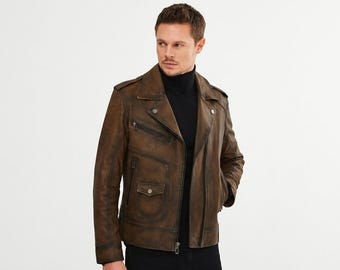 Herren Distressed Brown Leder Bikerjacke, handgefertigte Vintage Motorradjacke, klassischer Cafe Racer Moto-Mantel, echtes Leder Geschenk
