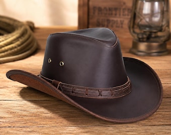 Handmade Genuine Leather Cowboy Hat for Men | Brown Cowhide Western Outback Hat | Vintage Wide Brim Ranch Hat | Australian Cowboy Hat |