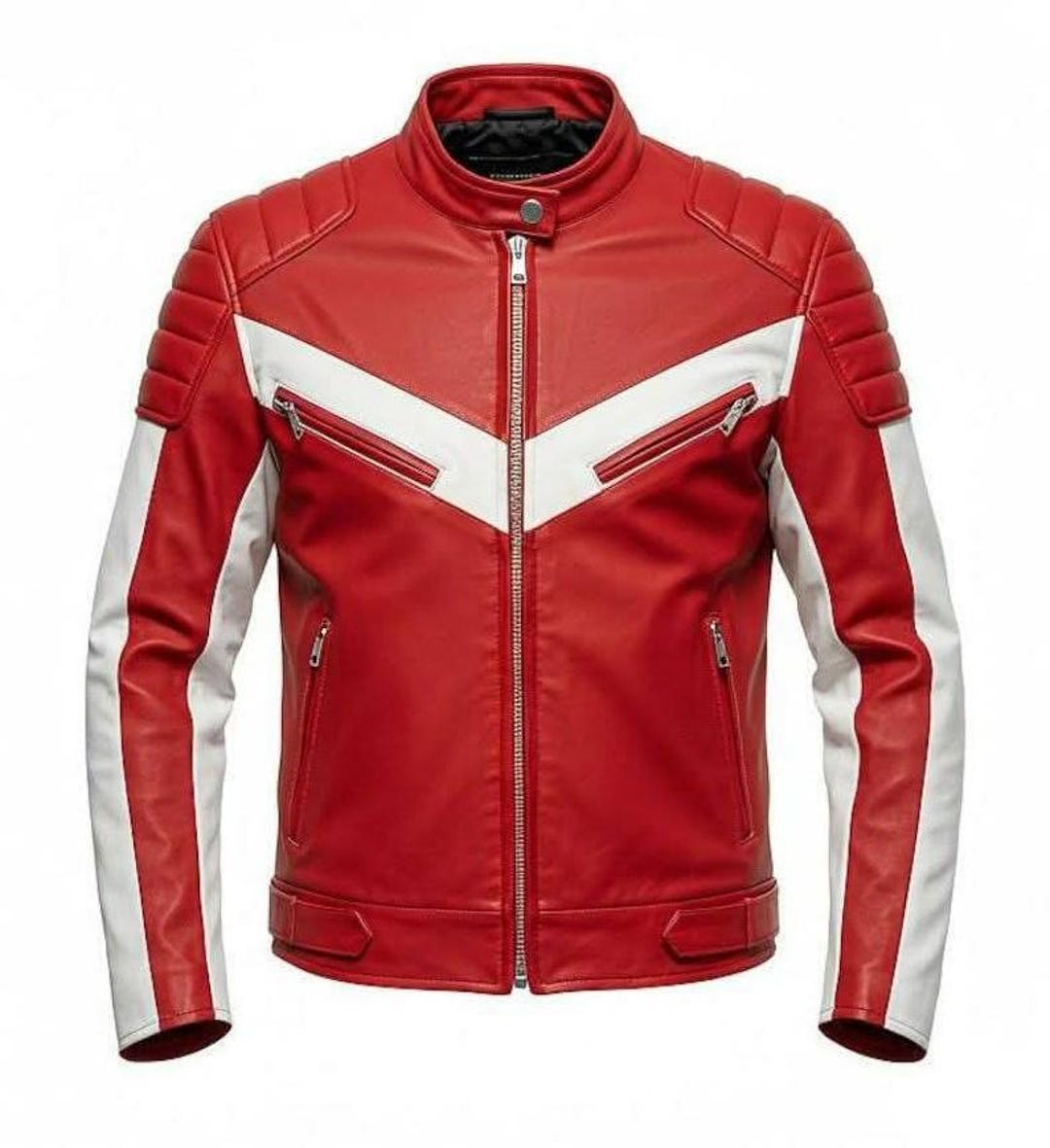 Men's Red Leather Biker Jacket – Motorcycle Racing Style Jacket With ...