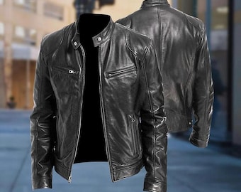 Handmade Men’s Black Cafe Racer Leather Jacket – Genuine Cowhide Moto Biker Jacket – Slim Fit Stylish Motorcycle Outerwear