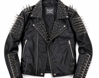 Men Black Studded Leather Jacket Punk Rock Biker Jacket Spiked Moto Jacket Gothic Streetwear Handmade Genuine Leather birthday Gift for him