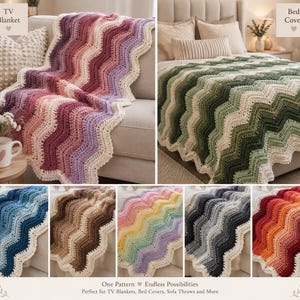 Puede incluir: Una colección de mantas de ganchillo con un patrón de ondas en varios degradados de color, incluyendo rosa a morado, verde, azul, marrón, arcoíris pastel, escala de grises y rojo a naranja, con el texto TV Blanket, Bed Cover y One Pattern.