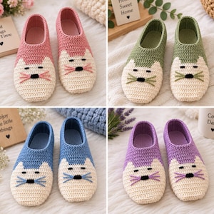 May include: Four pairs of handmade crochet slippers in pink, green, blue, and purple. Each pair features a cat face design with cream-colored snouts, black embroidered eyes, and whiskers matching the primary color of the slipper upper.