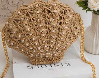 Pearl Crochet Clutch Bag Pattern, Shell Stitch Crochet Purse, Raffia Evening Bag Pattern, Crochet Shoulder Bag PDF, Instant Download