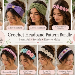 Bundel met 11 haakpatronen voor haarbanden (PDF), collectie haakpatronen voor haarbanden met bloemenmotief, boho haaraccessoires, direct te downloaden.