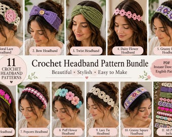 11 Crochet Headband Patterns Bundle PDF, Crochet Headband Collection, Floral Headband Patterns, Boho Hair Accessories, Instant Download,
