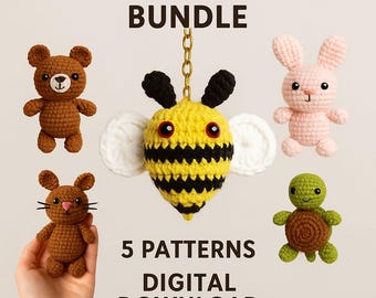 Amigurumi Animal Keychain Crochet Pattern Bundle: Bee, Bear, Bunny, Cat, Turtle (PDF Download