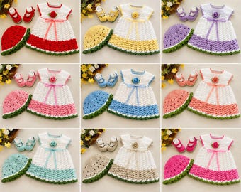 3 Crochet Baby Patterns Bundle, Baby Dress Hat and Shoes Pattern, Watermelon Baby Outfit Crochet Pattern, PDF Download