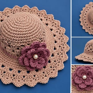 May include: A light beige crochet sun hat featuring a wide, scalloped brim and a decorative dark mauve crochet flower attached to the side. The center of the flower is adorned with a single white pearl bead, and the hat has a textured stitch pattern.