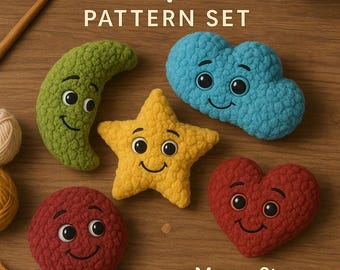Kawaii Crochet Plush Shapes Pattern: Moon, Star, Cloud, Heart (Beginner PDF)