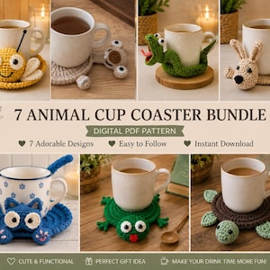 7 Crochet Animal Coaster Patterns Bundle, Bee Lizard Dog Cat Wobbly Turtle Sloth Cup Coasters, Crochet PDF Pattern Set