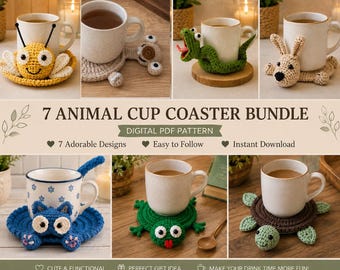 7 Crochet Animal Coaster Patterns Bundle, Bee Lizard Dog Cat Wobbly Turtle Sloth Cup Coasters, Crochet PDF Pattern Set