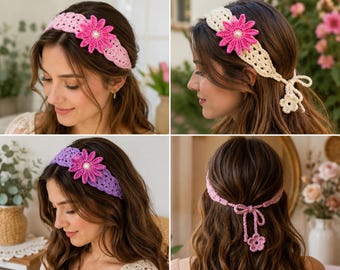Crochet Tulip Headband Pattern PDF, Floral Headband Crochet Pattern, Adult Boho Headband, Spring Flower Hair Band, Instant Download