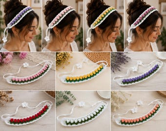 Crochet Tulip Headband Pattern PDF, Floral Crochet Hair Band Tutorial, Spring Flower Headband, Cottagecore Hair Accessory, Tulip Crochet DIY