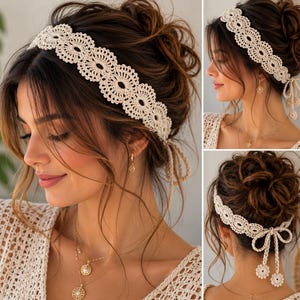 May include: A cream-colored crochet headband featuring a repeating circular floral pattern. The band is tied at the back with thin strings that end in small, matching circular crochet accents, creating a delicate and intricate lace-like appearance.