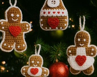 Gingerbread Family Crochet Pattern – 4 Christmas Ornaments Set (Digital Download)