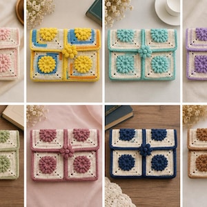 Puede incluir: Una colección de ocho estuches rectangulares de ganchillo, cada uno con un cierre de solapa asegurado por un botón central en forma de flor. Los estuches están hechos de motivos cuadrados con centros florales texturizados.