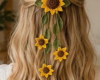 Crochet Sunflower Hair Clip Pattern PDF, Floral Hair Accessory Crochet Pattern, Boho Hair Clip, Festival Hair Piece, Instant Download