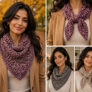 May include: A triangular crochet scarf featuring a textured, chunky knit pattern in variegated shades of deep burgundy, dark grey, and cream. The scarf is styled in a cowl neck drape or tied in a knot at the front over a neutral-colored top.