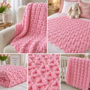 Puede incluir: Una manta de ganchillo de color rosa suave con un patrón floral repetitivo con pequeñas cuentas blancas en el centro de cada flor. La manta tiene un borde festoneado y se muestra sobre muebles, en una cama y doblada en una habitación infantil.