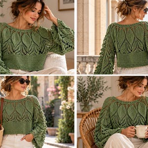 May include: A sage green long-sleeve crochet sweater featuring a prominent leaf-patterned openwork design across the chest and shoulders, a wide round neckline, and a cropped length with a solid ribbed hem and cuffs on the sleeves.