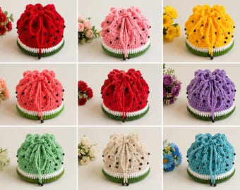 Crochet Drawstring Pouch Pattern, Beaded Crochet Bag, Fruit Inspired Crochet Pouch, Ruffle Mini Bag Pattern, PDF Download