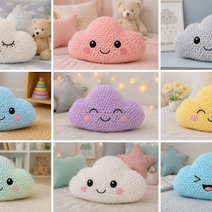May include: A collection of nine plush cloud-shaped pillows, each featuring a unique color including white, pink, gray, blue, purple, yellow, and mint green. Each pillow has embroidered facial expressions with black eyes, smiles, and pink cheeks.