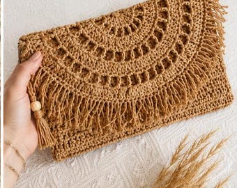 Boho Crochet Clutch Pattern, Raffia Fringe Bag Crochet Pattern, Lace Clutch Purse, Summer Crochet Bag, PDF Instant Download