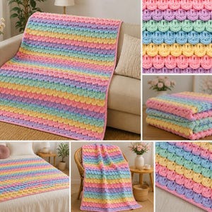 Può includere: Una coperta rettangolare all'uncinetto caratterizzata da un motivo ripetitivo a conchiglia smerlata in strisce orizzontali di rosa pastello, giallo, azzurro, verde menta e lavanda, rifinita con un bordo rosa solido lungo i lati esterni.