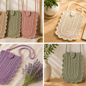 May include: A collection of rectangular crochet crossbody bags featuring a scalloped edge, a central vertical stitch pattern, and a small flap closure with a strap. The bags are available in beige, sage green, dusty pink, cream, and lavender colors.