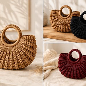 May include: A collection of three semi-circular crochet handbags featuring a ribbed texture and round wooden handles. The bags are available in tan, black, and deep red, with the black bag including a small red tassel charm attached to the handle.