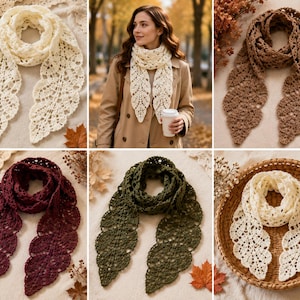 May include: A collection of crochet scarves featuring a delicate leaf-inspired lace pattern. The scarves are available in various solid colors including cream, brown, burgundy, and olive green, each showcasing intricate openwork stitching.