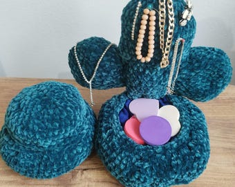 Handmade Velvet Crochet Cactus Jewelry Organizer: Plush Teal Storage Box