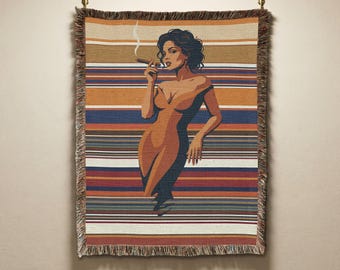 Sultry Woman Woven Blanket , Vintage Smoking  Cigar Tapestry , Retro Stripes Pin-Up Art Throw