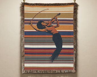 Soulful Jazz Violinist Afro Woman Vintage Woven Blanket , Artistic Retro Music Lover Tapestry Throw