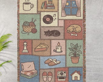 Cottagecore Patchwork Woven Throw Blanket, Hygge Home Decor