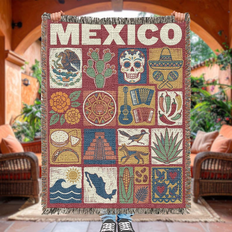 Mexikansk vävd filt, mexikansk folkkonstpläd, kulturarvsdekor, färgglad latinamerikansk hemgåva bild 10