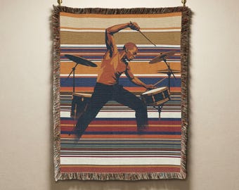 Jazz Drummer Vintage Woven Tapestry, Retro Stripes Throw Blanket, Music Gift & Home Decor