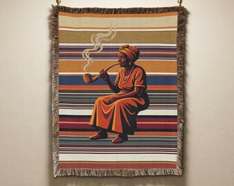 African Elder Woman Vintage Woven Tapestry, Retro Stripes Throw Blanket, Ethnic Art & Home Decor