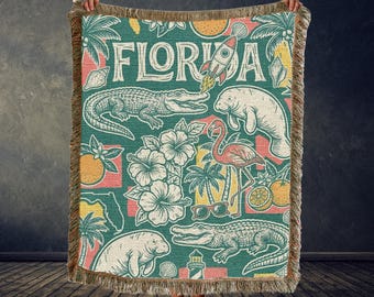 Florida Woven Blanket, Tropical Tapestry Throw, Beach House Decor