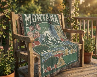 Montana Woven Throw Blanket, Big Sky Folk Art, Bison Bear Trout, Fringed Cotton